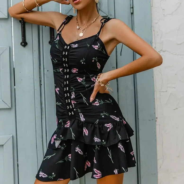 Robe Noire Fleurie Courte | Dame Fleur
