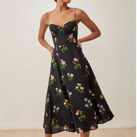 Robe Noire Motif Floral | Dame Fleur