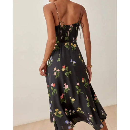 Robe Noire Motif Floral | Dame Fleur