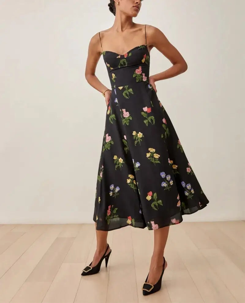 Robe Noire Motif Floral | Dame Fleur