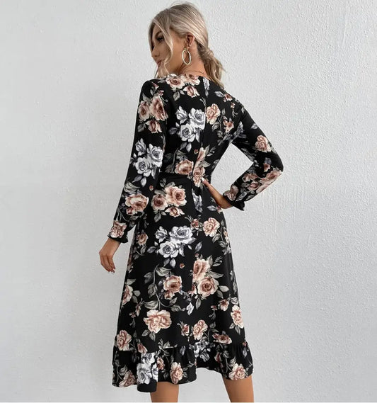 Robe Portefeuille Fleurie Manches Longues | Dame Fleur