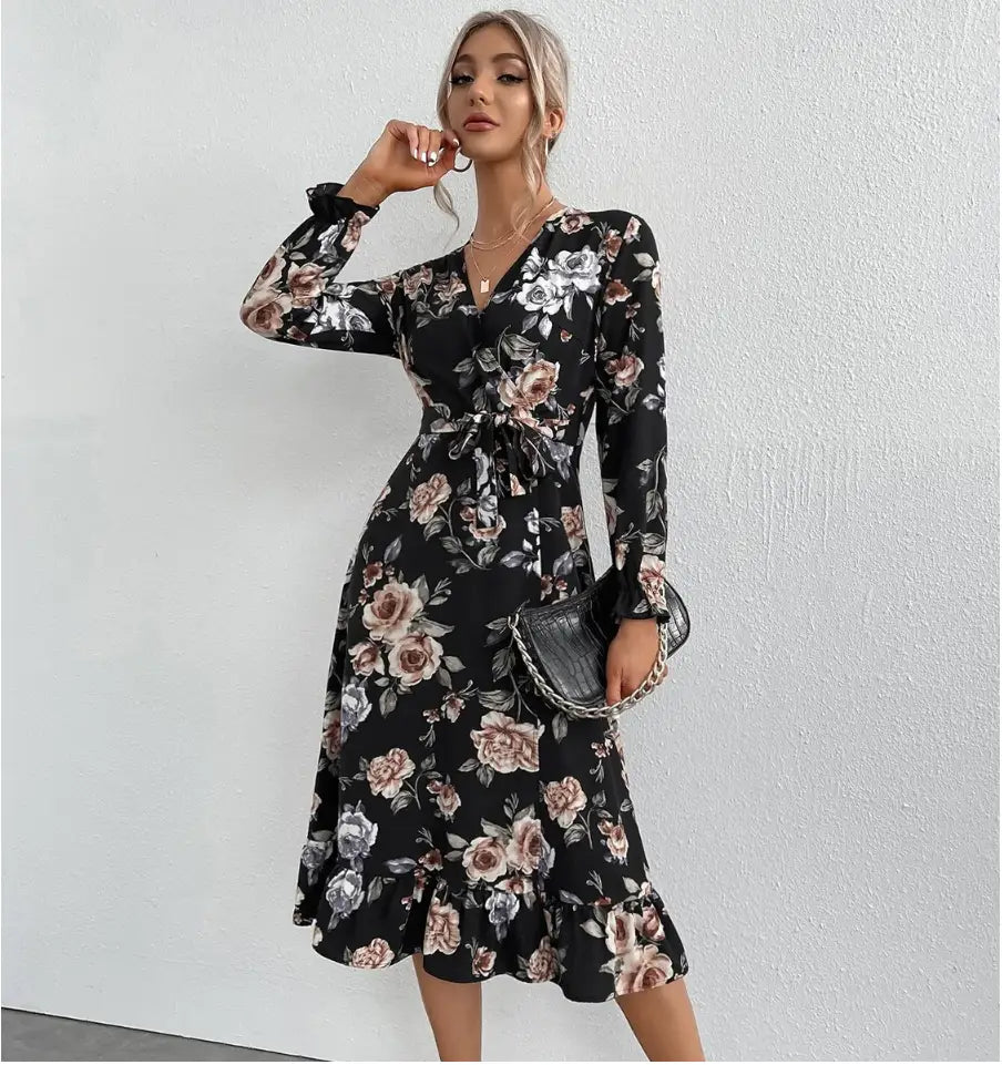 Robe Portefeuille Fleurie Manches Longues | Dame Fleur