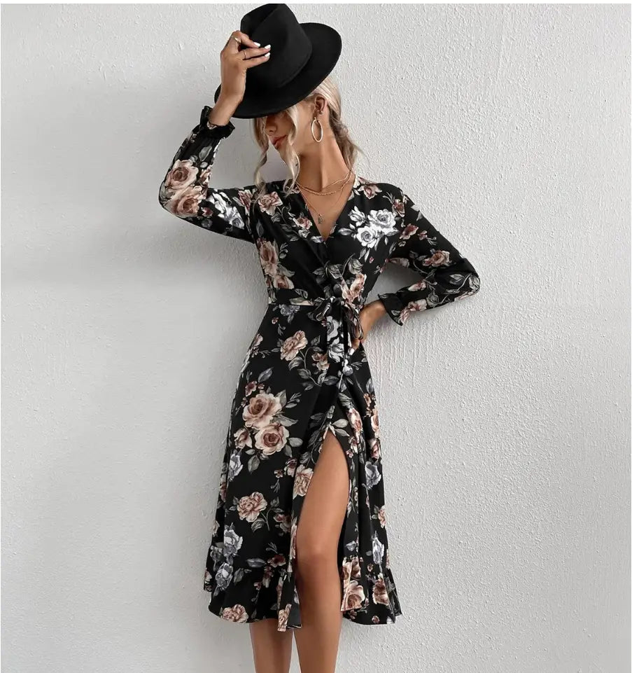 Robe Portefeuille Fleurie Manches Longues | Dame Fleur