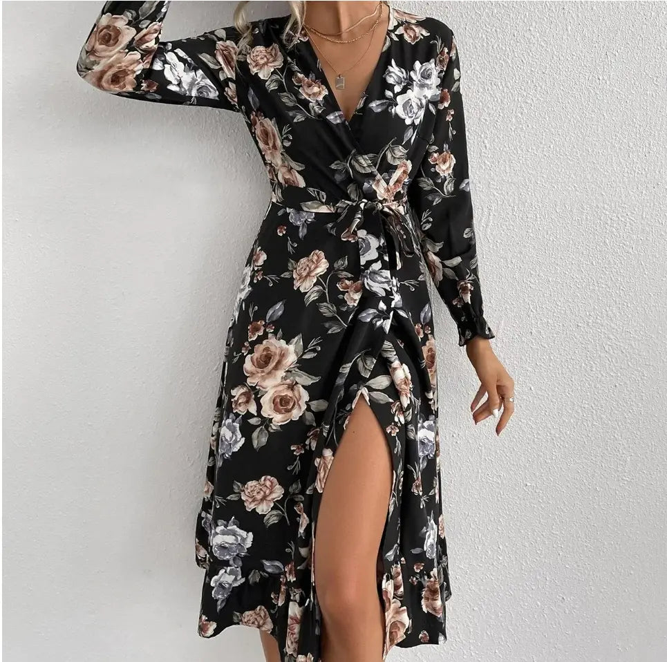 Robe Portefeuille Fleurie Manches Longues | Dame Fleur