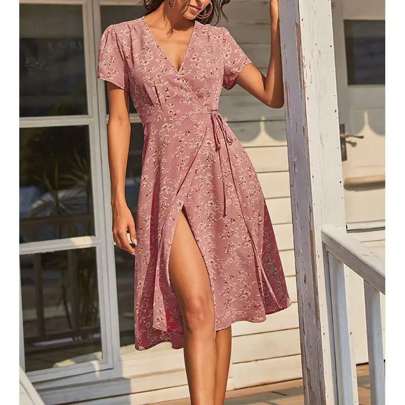 Robe Portefeuille Fleurie Mi-Longue | Dame Fleur