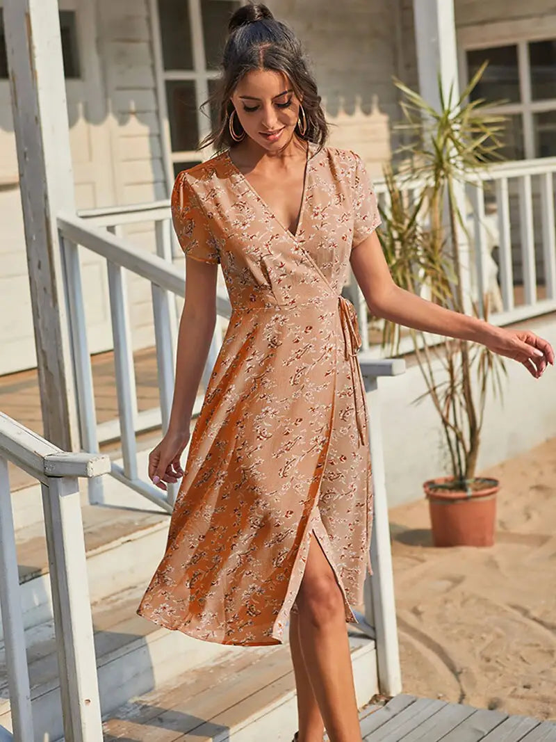 Robe Portefeuille Fleurie Mi-Longue | Dame Fleur