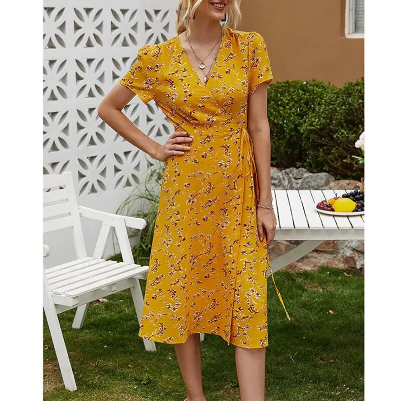 Robe Portefeuille Fleurie Mi-Longue | Dame Fleur