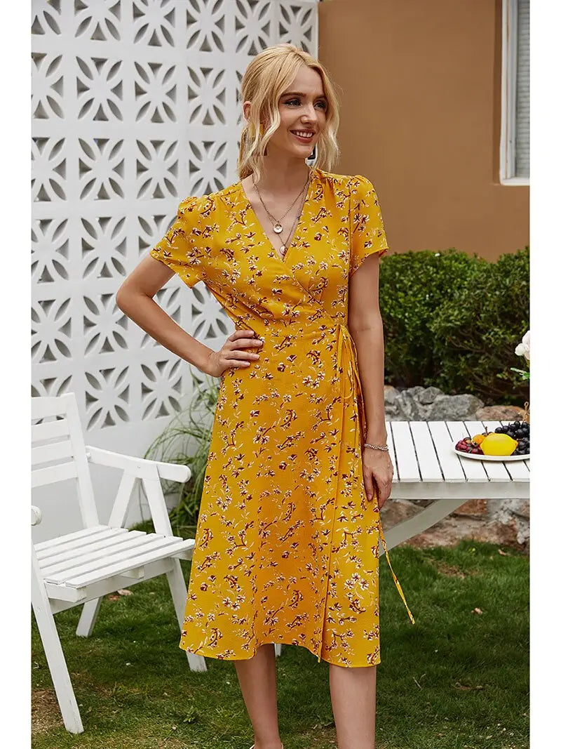 Robe Portefeuille Fleurie Mi-Longue | Dame Fleur