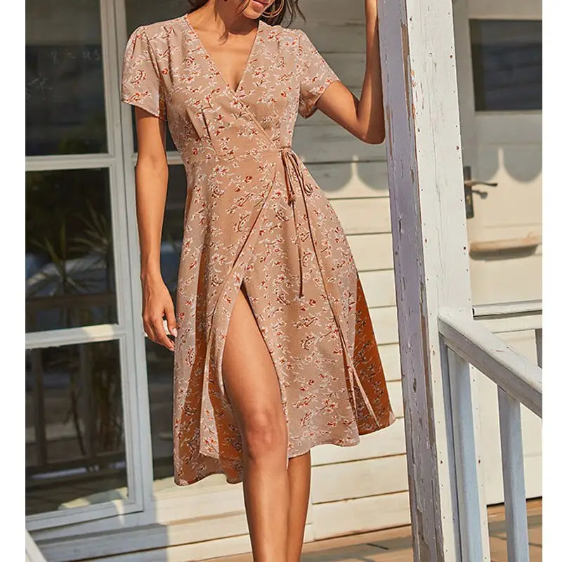 Robe Portefeuille Fleurie Mi-Longue | Dame Fleur