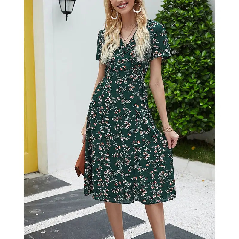 Robe Portefeuille Fleurie Mi-Longue | Dame Fleur