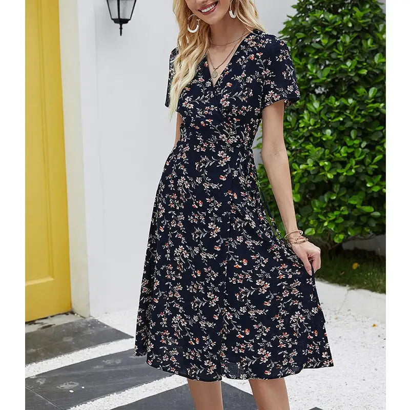 Robe Portefeuille Fleurie Mi-Longue | Dame Fleur
