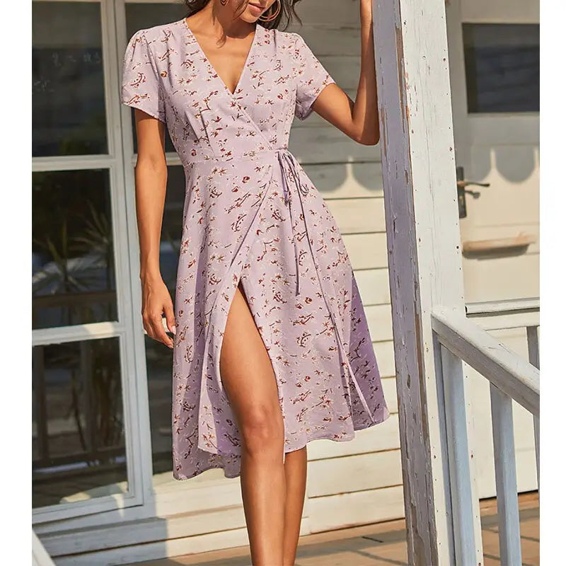 Robe Portefeuille Fleurie Mi-Longue | Dame Fleur