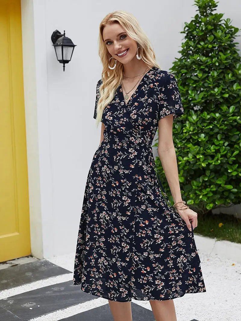 Robe Portefeuille Fleurie Mi-Longue | Dame Fleur