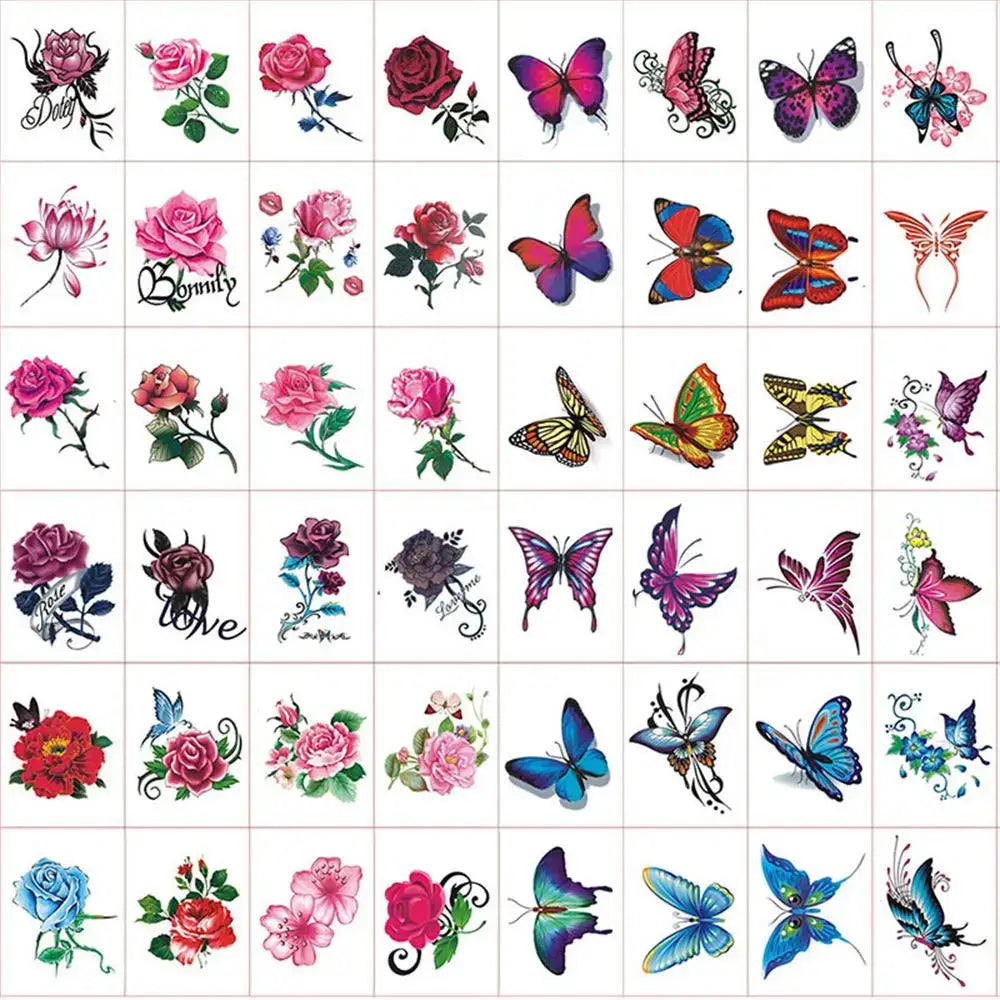 Tatouages Éphémères Fleur et Papillon – Pack 10 à 50 pièces