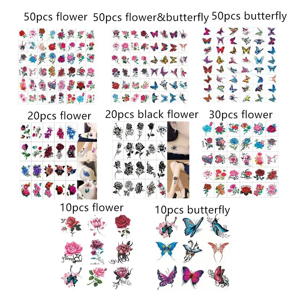 Tatouages Éphémères Fleur et Papillon – Pack 10 à 50 pièces