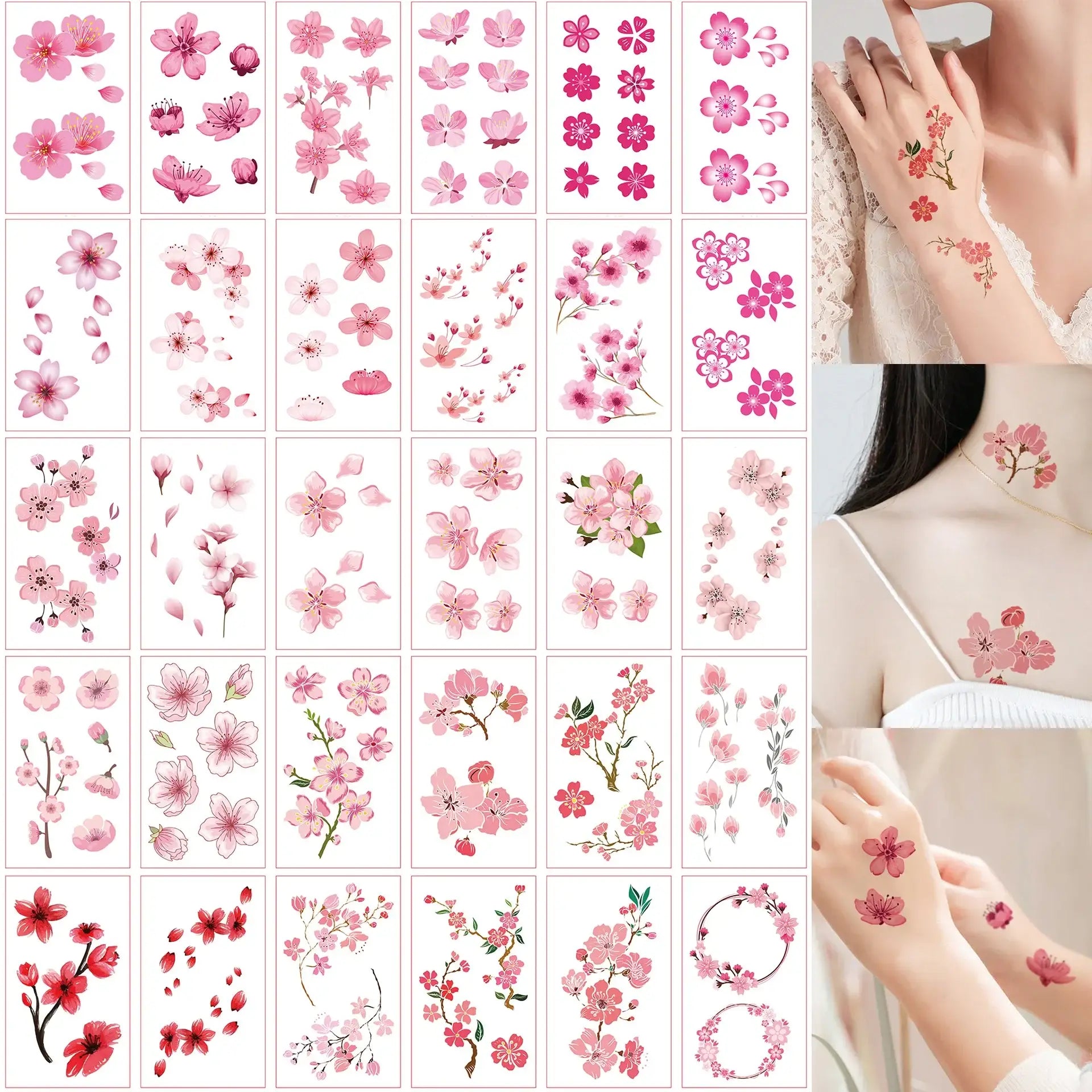 Tatouages Éphémères Fleurs de Cerisier – 30 Petits Motifs